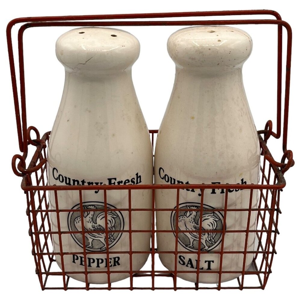 Vtg Milk Jug Rooster Ceramic Salt Pepper Shakers Red Basket Kitsch Kitchen Decor